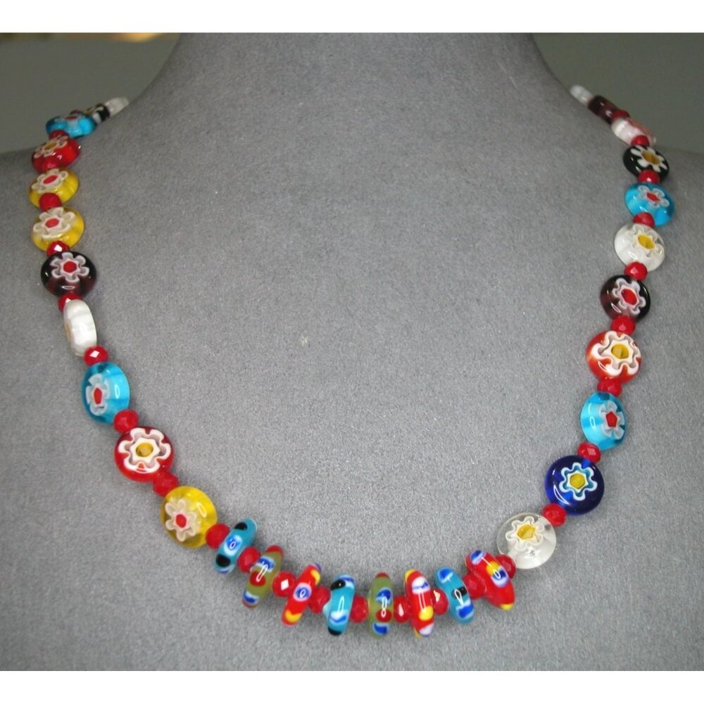 Multicolor Millefiori Glass Bead Necklace 16" With 2" Extension Chain
